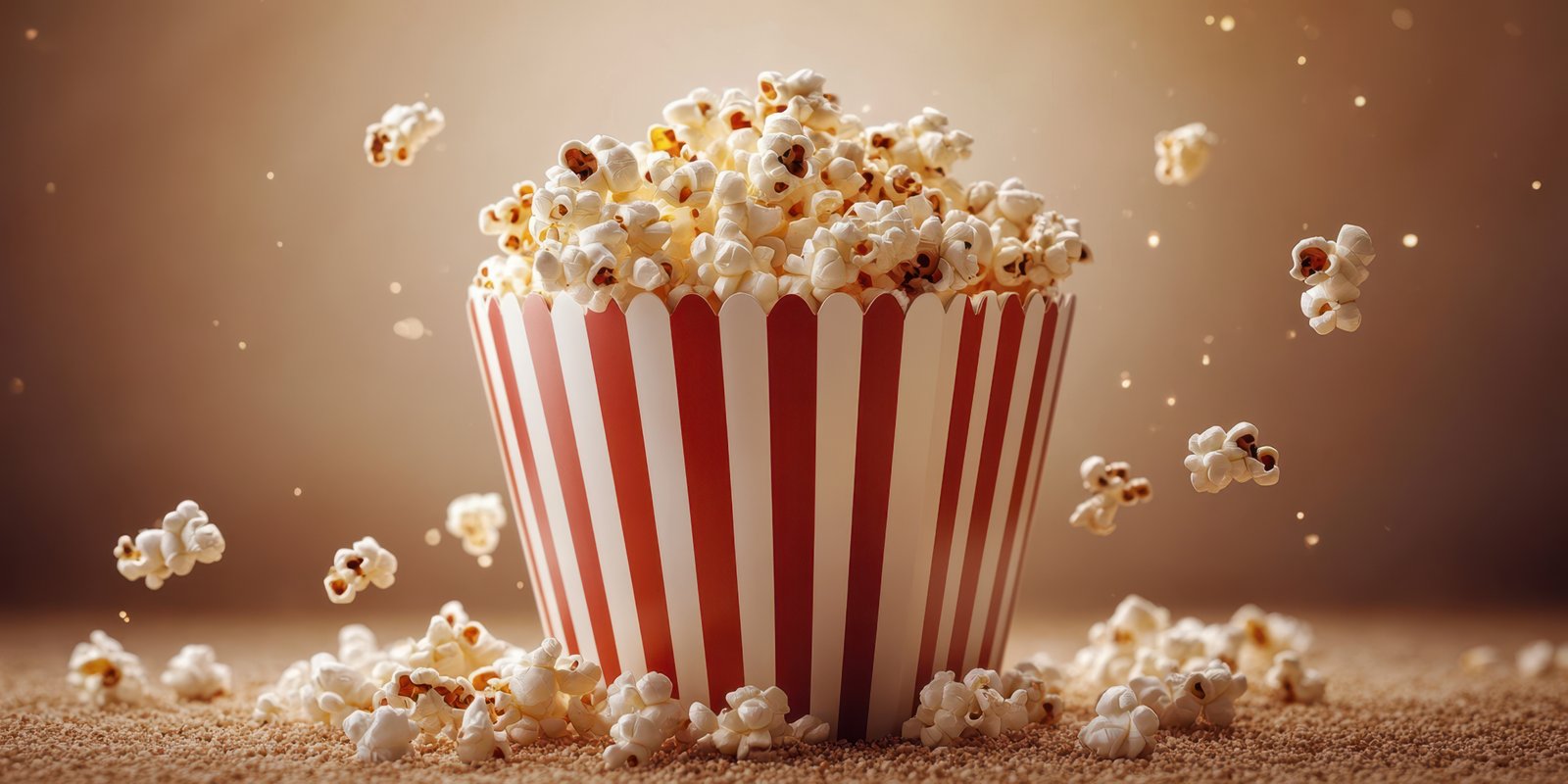 Popcorn fills a classic red and white striped container with kernels scattered around in a warm, inviting atmosphere
